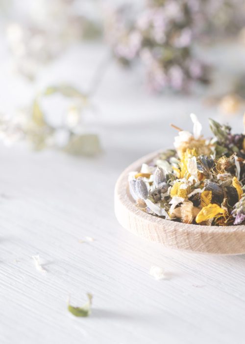 Mix of dried medical herbs and blooms on a wooden spoon. Homeopathy concept